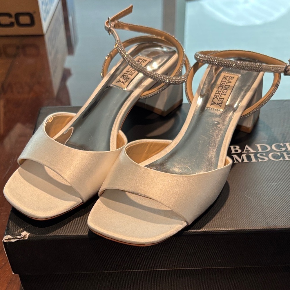 Badgley Mischka Ivory Satin Block Heel Sandals with Rhinestone Ankle Strap